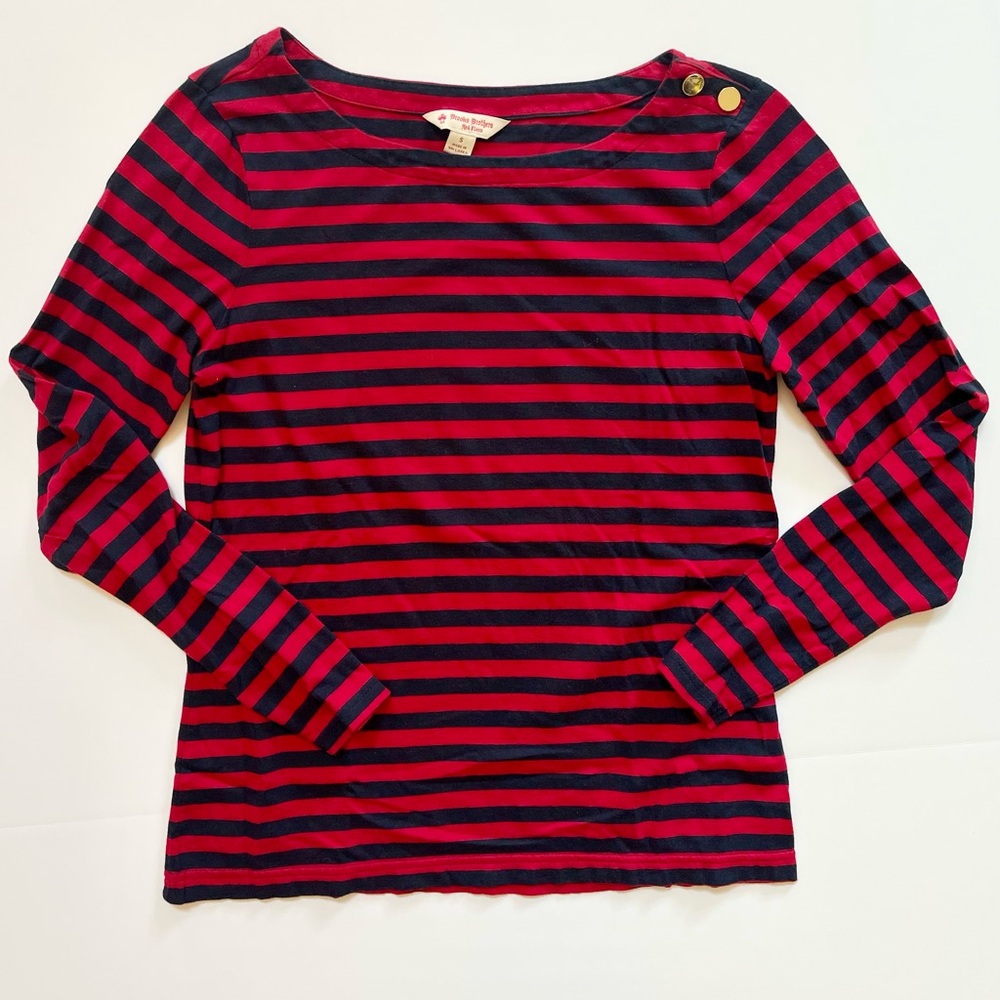 Brooks Brothers Women’s Size Small Long Sleeve Red Navy Stripe Shirt Boatneck